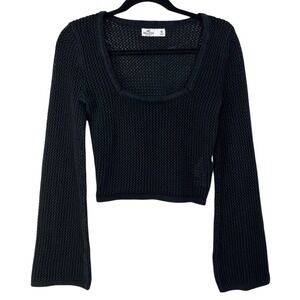 Hollister Womens Black Textured Knit Flare Sleeve Square Neck Crop Sweater M